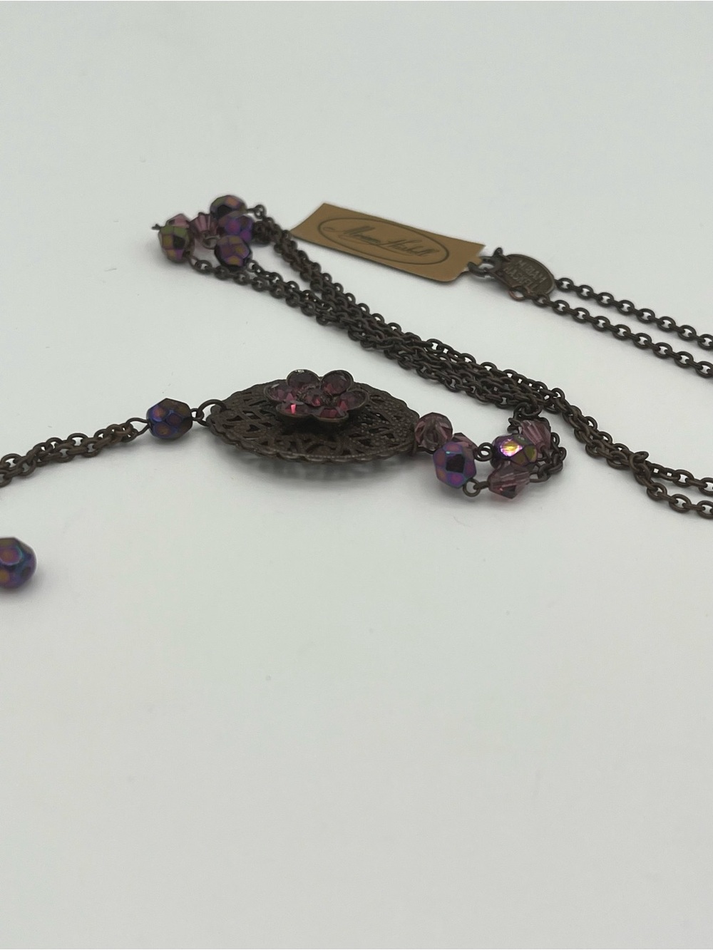 Miriam Haskell Purple Beaded Filigree Drop Necklace - Picture 6 of 11